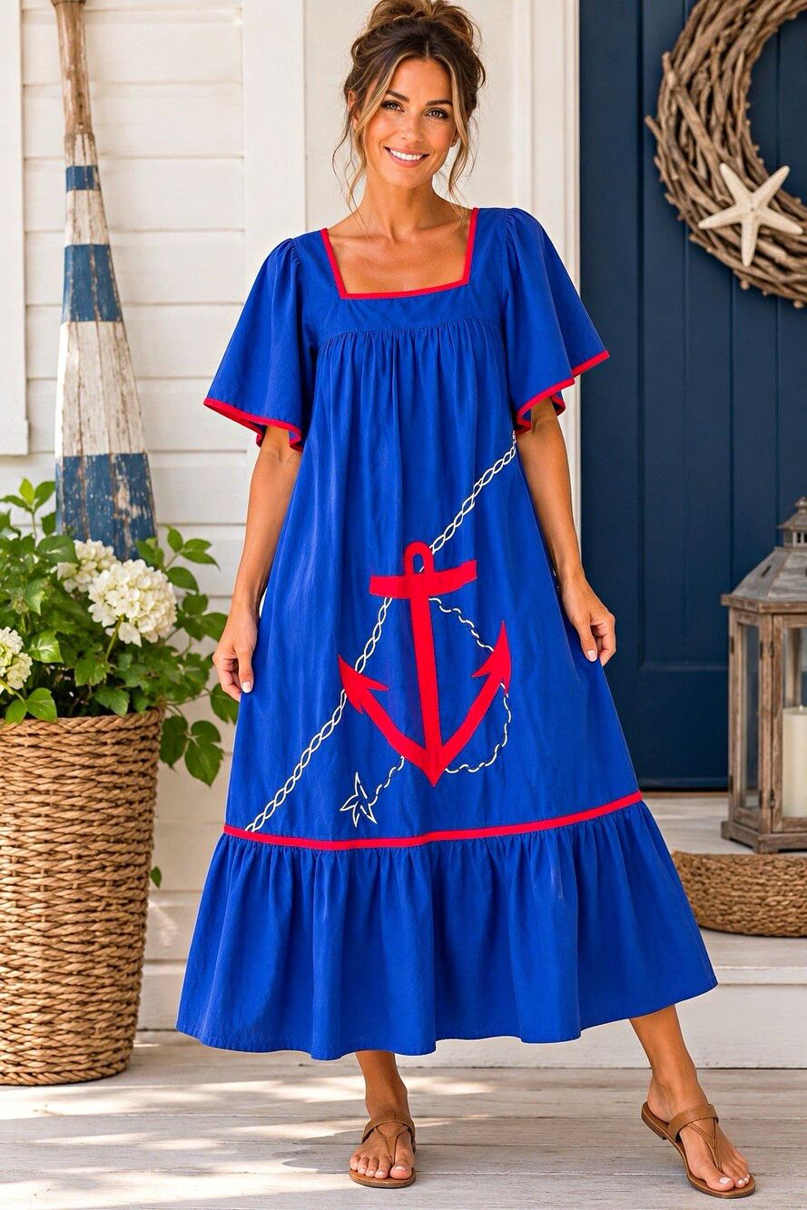 Blue Nautical Anchor Embroidered Square Neck Pullover Midi Shift Dress One Size
